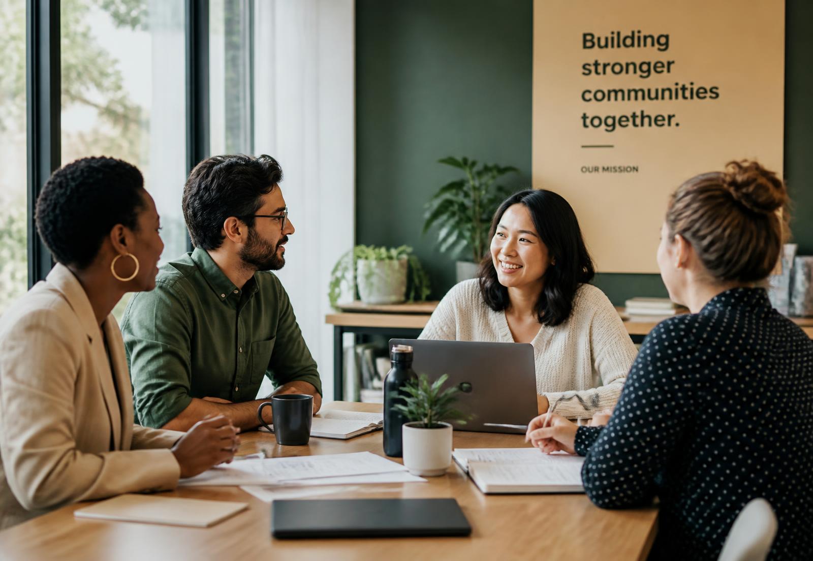 A small nonprofit team meeting around a table in a sunlit office
